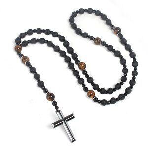 Healing Crystal Cross Necklace Men's Tiger Eye Obsidian Lava Rock Pendant